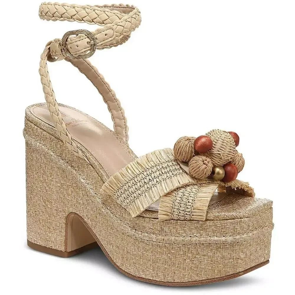 SAM EDELMAN Tan Size 10 Raffia Tropical Beaded Platform Wedge Ankle Strap Sandal - Picture 1 of 8